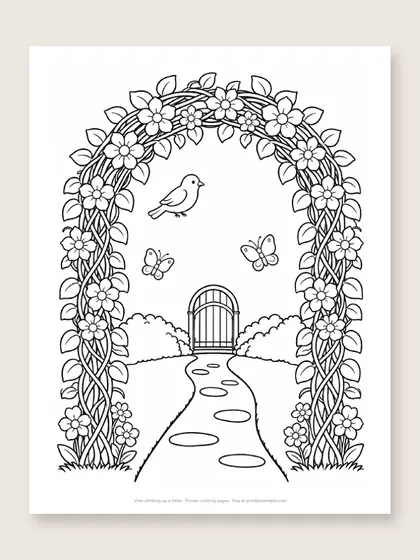 Vine climbing up a trellis: flower coloring page