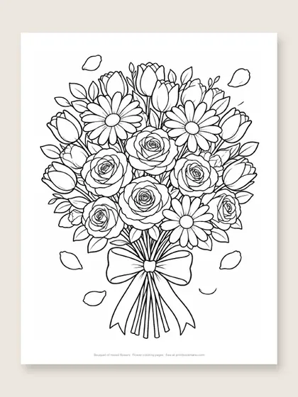Bouquet of mixed flowers: flower coloring page