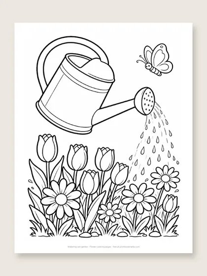 Watering can garden: flower coloring page