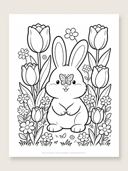 Bunny among tulips: flower coloring page