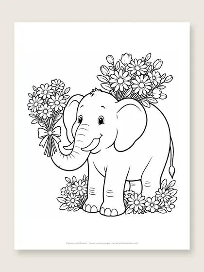Elephant with flowers: flower coloring page