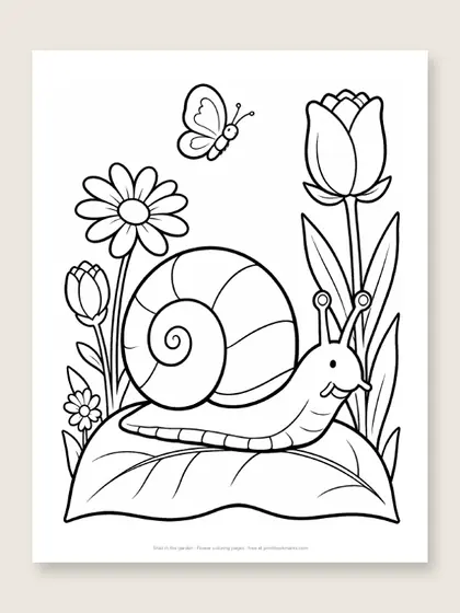 Snail in the garden: flower coloring page