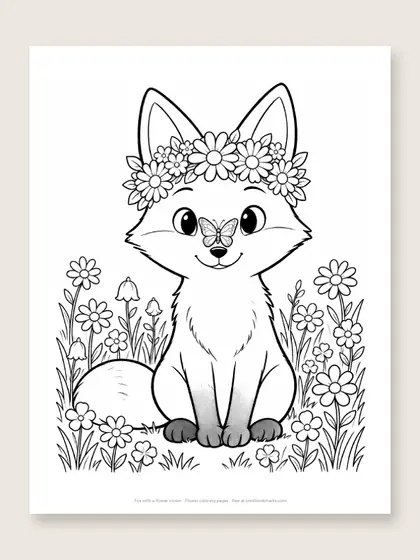 Fox with a flower crown: fox coloring page