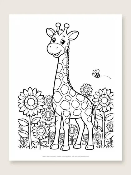 Giraffe and sunflowers: flower coloring page