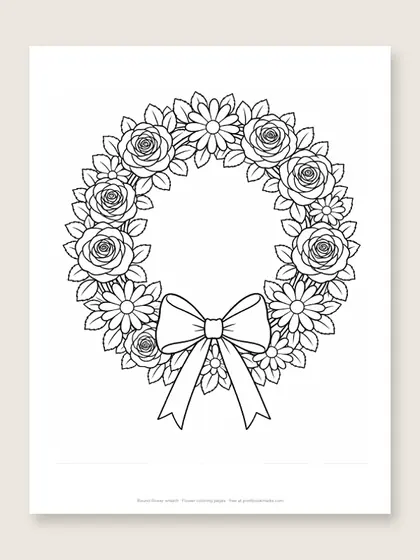 Round flower wreath: flower coloring page