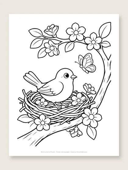 Bird in a nest of flowers: flower coloring page