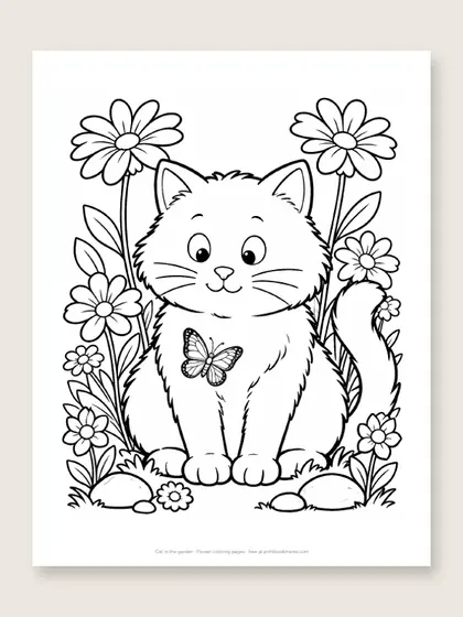 Cat in the garden: flower coloring page
