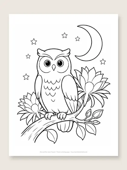 Owl and the moon flowers: owl coloring page