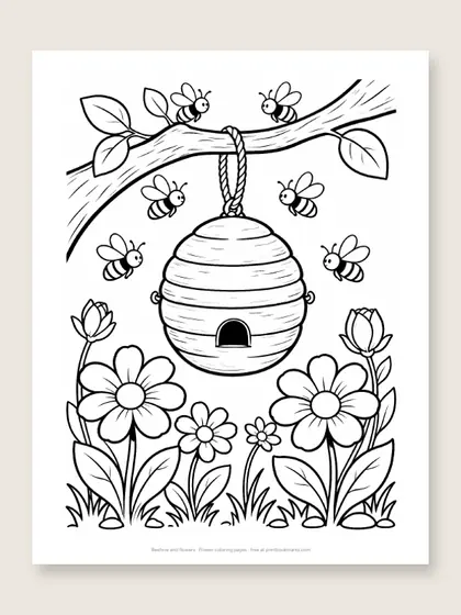 Beehive and flowers: flower coloring page