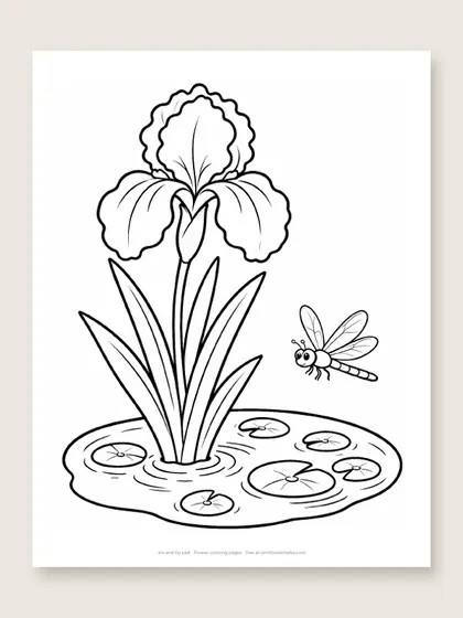 Iris and lily pad: flower coloring page