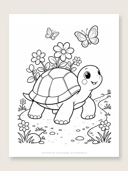 Turtle with flower shell: flower coloring page