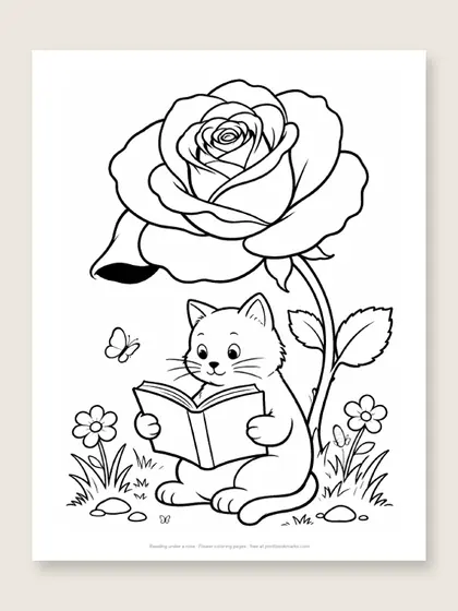 Reading under a rose: flower coloring page
