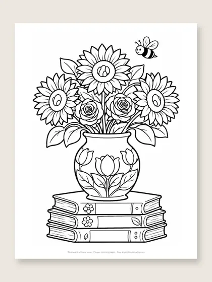 Books and a flower vase: flower coloring page
