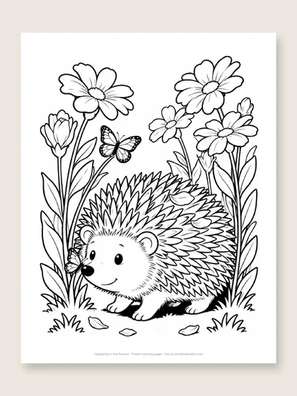 Hedgehog in the flowers: flower coloring page