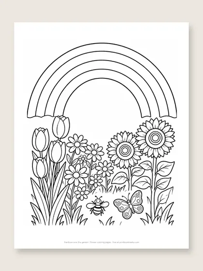Rainbow over the garden: flower coloring page