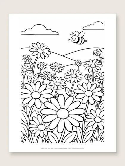Daisy field with bee: flower coloring page