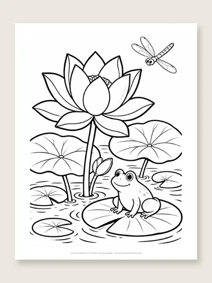 Lotus on the pond: flower coloring page