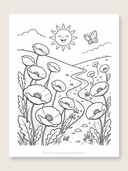 Poppy field in sun: flower coloring page
