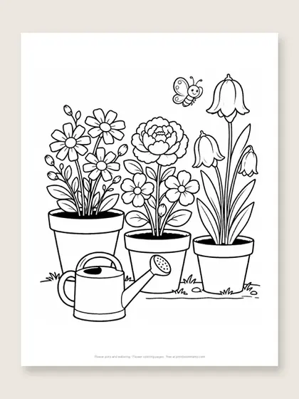 Flower pots and watering: flower coloring page