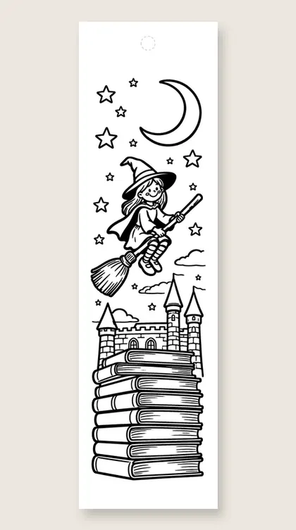 Witch kid on a book broom: Halloween coloring bookmark