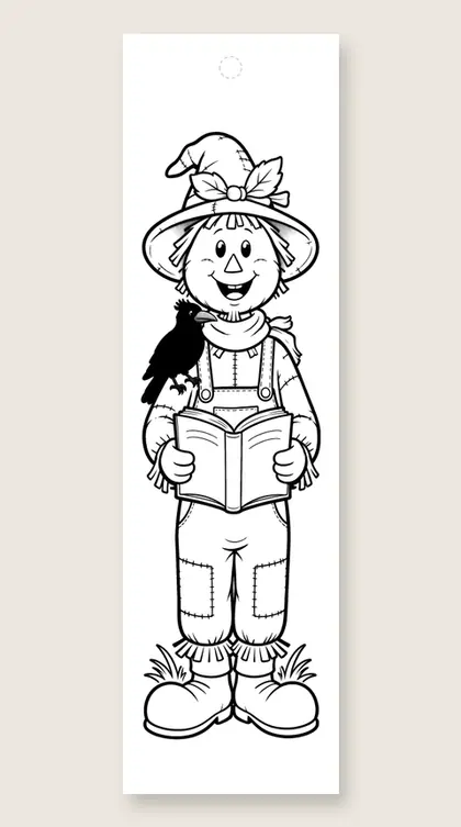 Scarecrow with a storybook: Halloween coloring bookmark