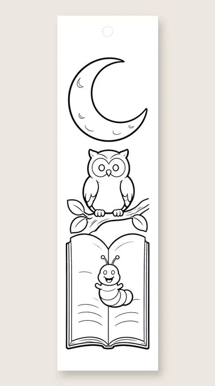 Moonlit owl and bookworm: Halloween coloring bookmark