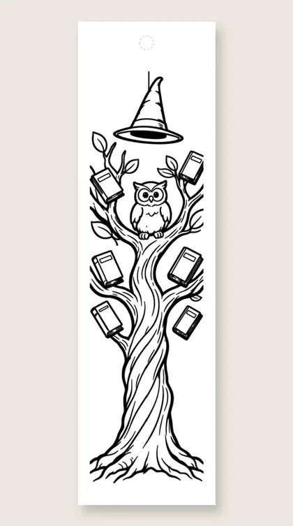 Witch hat library tree: Halloween coloring bookmark
