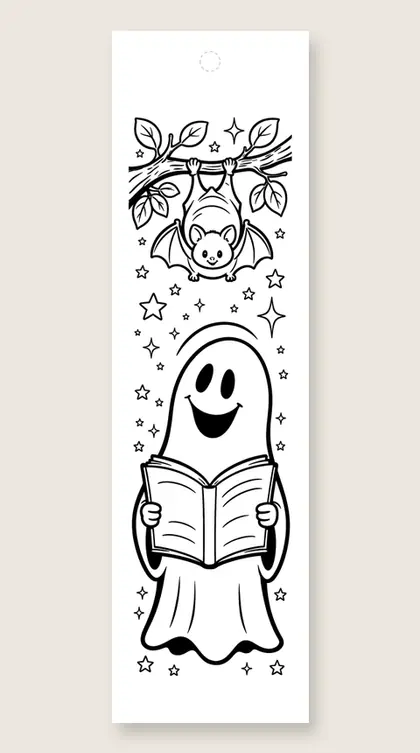Ghost reads to a bat: Halloween coloring bookmark