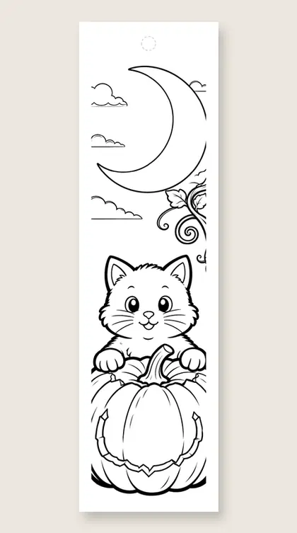 Cat in a pumpkin: Halloween coloring bookmark