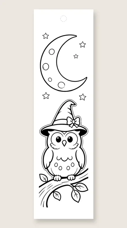 Owl in a witch hat: Halloween coloring bookmark