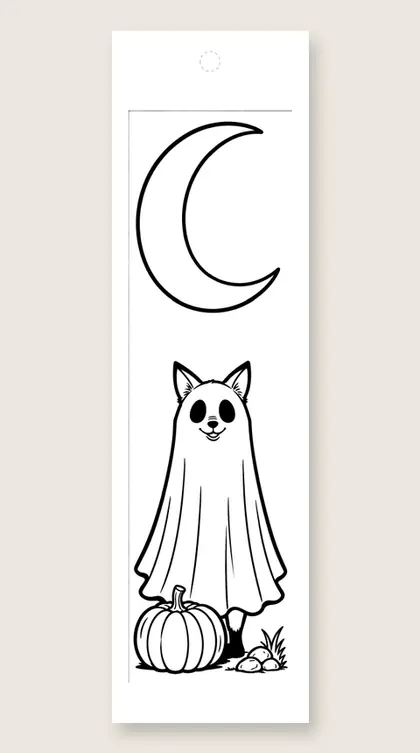 Fox in a ghost costume: Halloween coloring bookmark