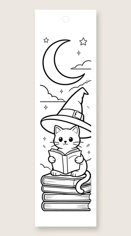 Cat in witch hat reading: coloring bookmark