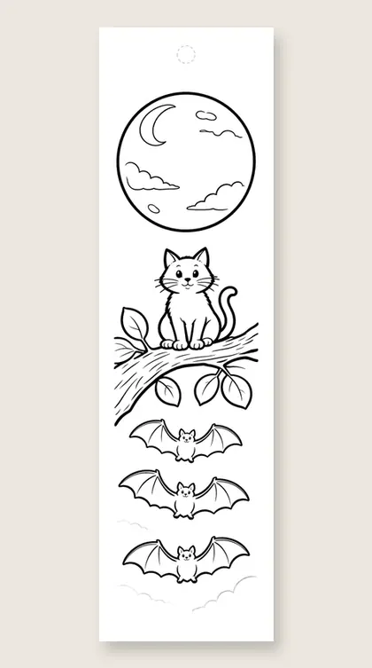 Moon with cats and bats: Halloween coloring bookmark