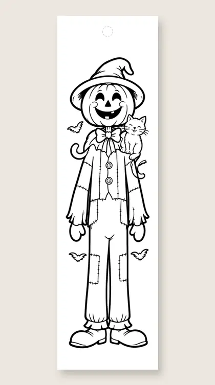 Skip-along scarecrow stack: Halloween coloring bookmark