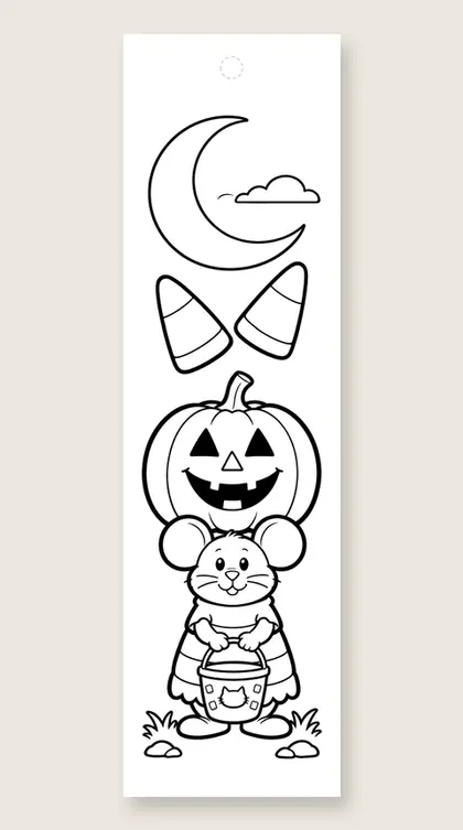 Mouse in a candy corn costume: Halloween coloring bookmark