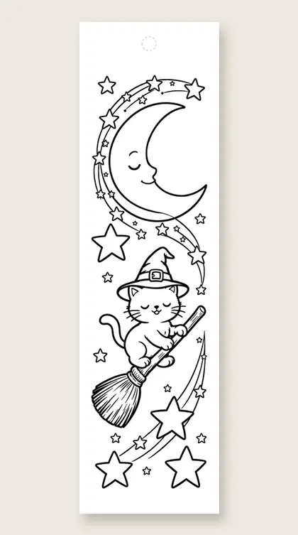 Witch kitten on a broom: Halloween coloring bookmark