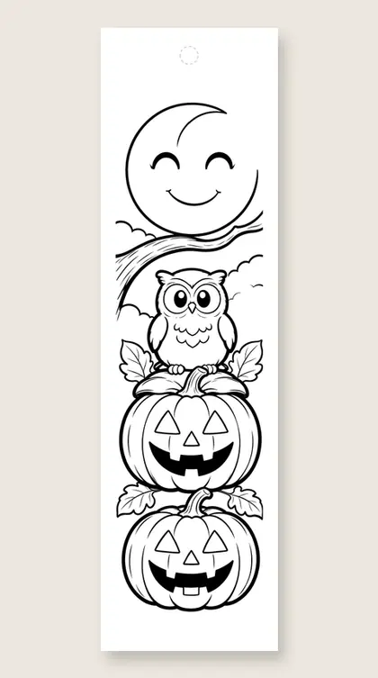 Owl and pumpkin lantern tower: Halloween coloring bookmark