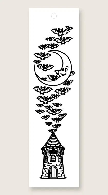 Bats flying from a tower: Halloween coloring bookmark
