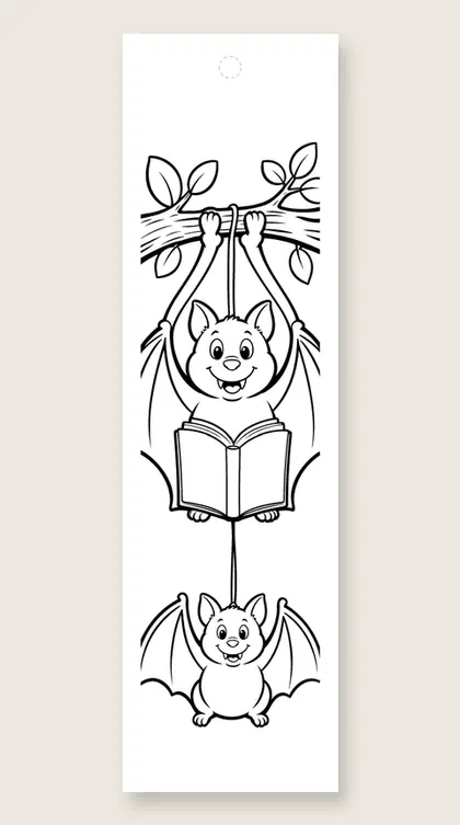 Bat hanging with a book: coloring bookmark