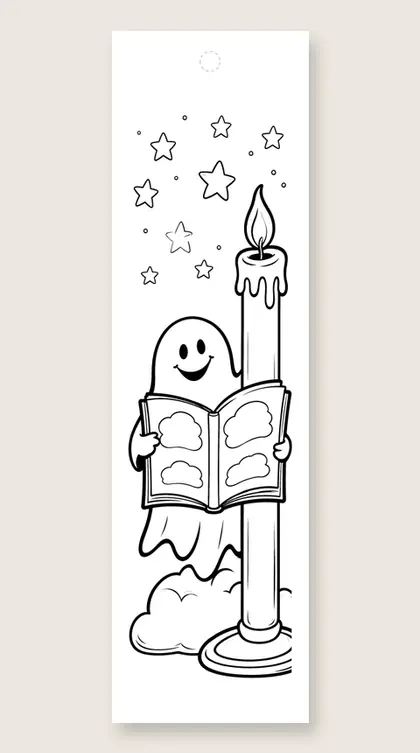 Ghost reading by candlelight: Halloween coloring bookmark