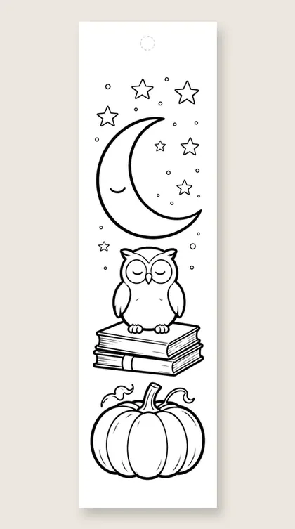 Owl on a pumpkin library: coloring bookmark