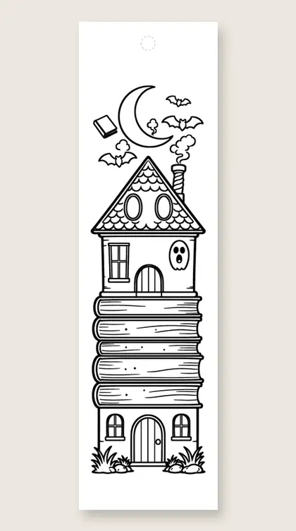 Haunted house of books: coloring bookmark