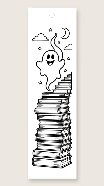 Ghost climbing the book tower: coloring bookmark