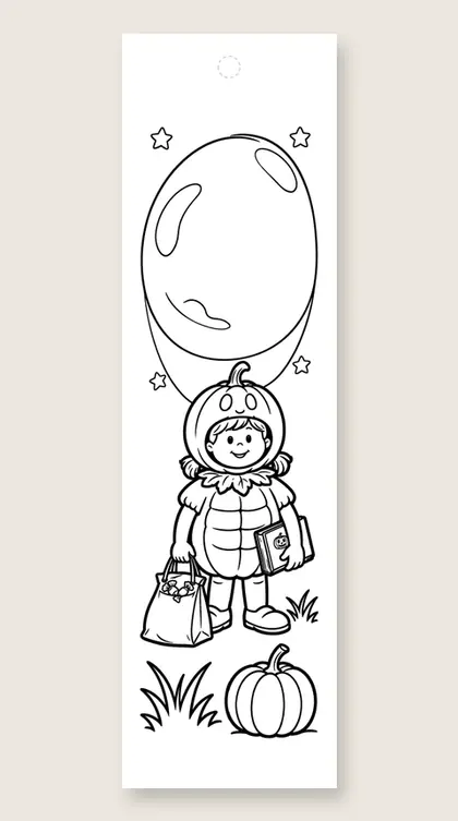 Trick-or-treater with a story: coloring bookmark