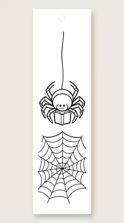 Spider reading on a web: coloring bookmark