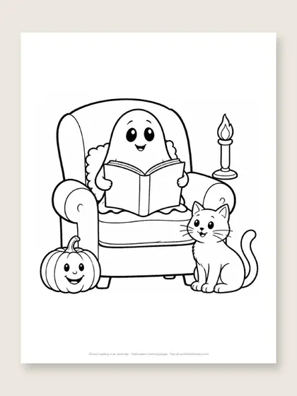 Ghost reading in an armchair: Halloween coloring page