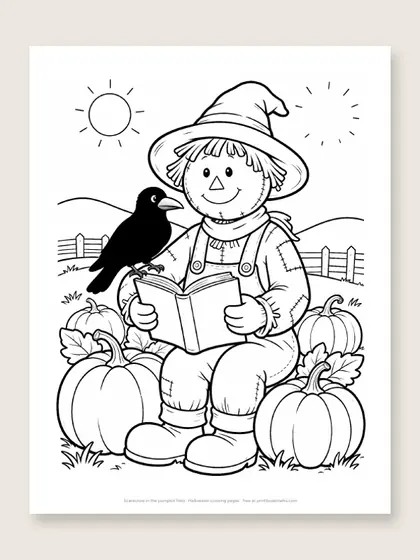 Scarecrow in the pumpkin field: Halloween coloring page