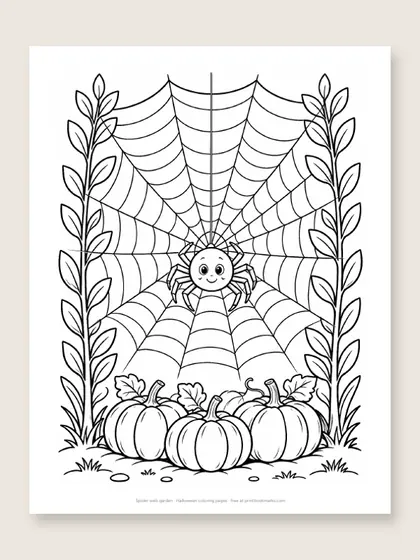 Spider web garden: Halloween coloring page