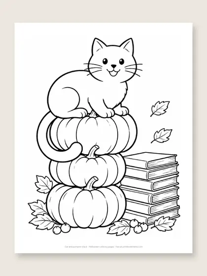 Cat and pumpkin stack: Halloween coloring page