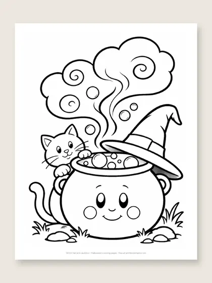 Witch hat and cauldron: Halloween coloring page